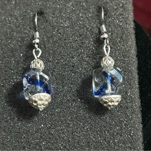 Hand Crafted Earrings Clear Blue Glass Beads, Silver Beads, and Crystal Stones